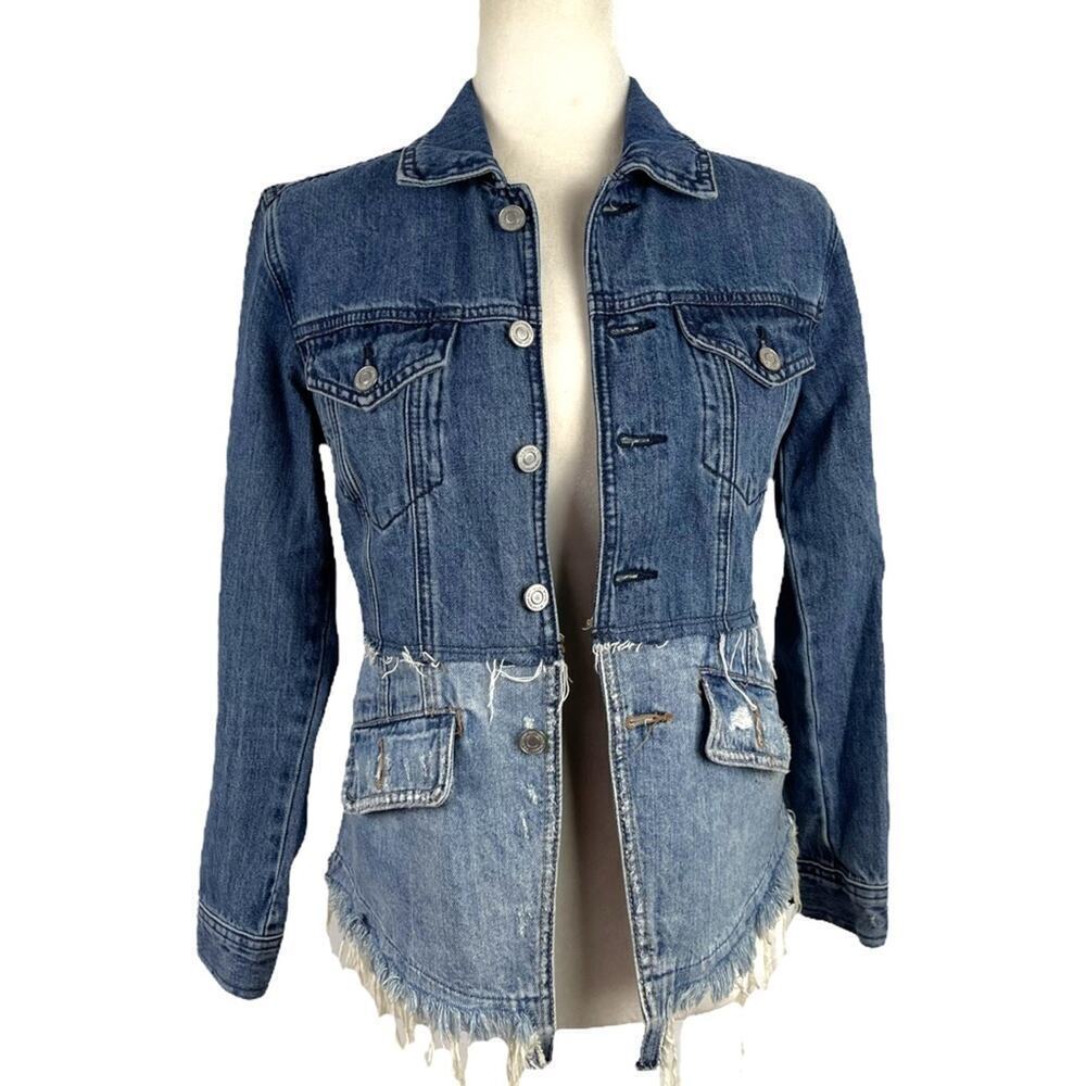 LUCKY BRAND Remade Distressed Denim Waisted Trucker Jacket Raw Frayed Hem XS - Picture 7 of 15